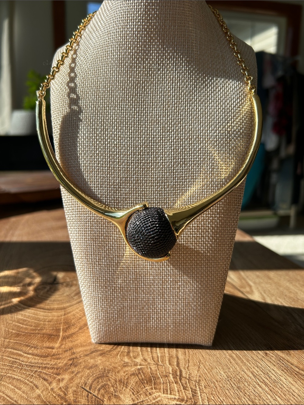 Gold Collar Necklace with Black Textured Medallion